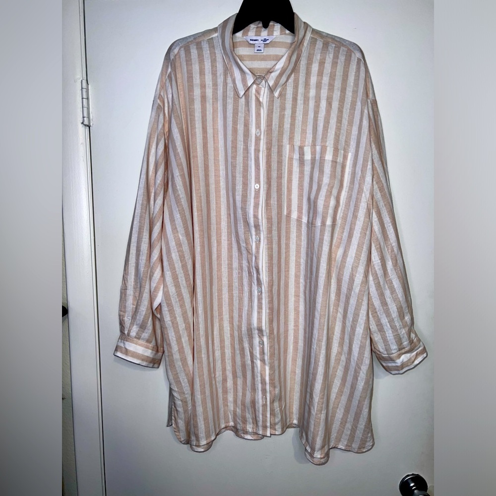 Old Navy The Boyfriend Beige White Stripes Linen Blend Button Oversized Shirt 4X